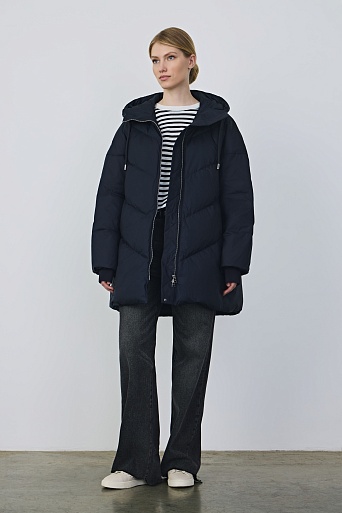 Удлиненный пуховик с капюшоном, темно-синий