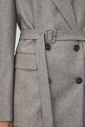 Двубортный жакет на поясе, серо-бежевый меланж