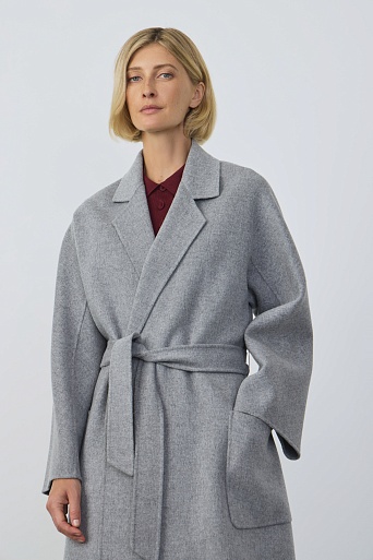 Пальто на поясе, серый меланж