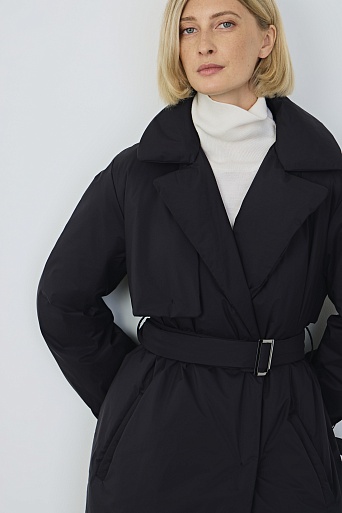 Пуховое пальто с поясом, цвет черный