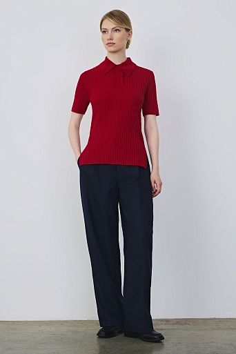 Поло из мериноса в рубчик, красное