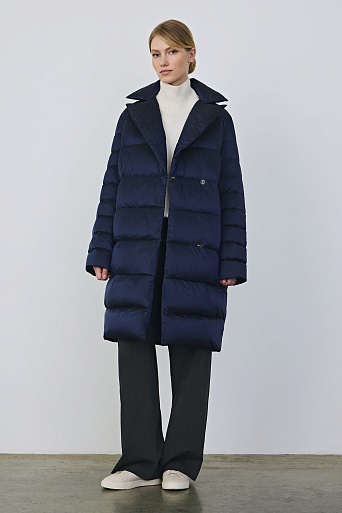 Пуховое пальто-кокон, темно-синее