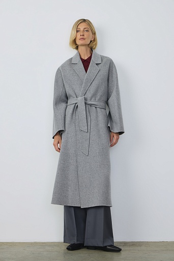 Пальто на поясе, серый меланж