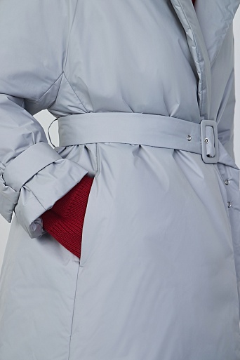 Пальто на поясе, серо-голубое