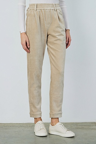 Зауженные вельветовые брюки на резинке, бежевые