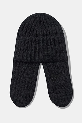 Шапка-ушанка в рубчик с ангорой, черная