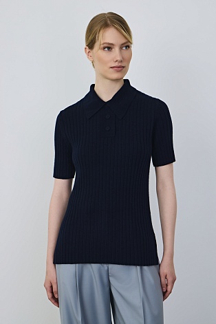 Поло из мериноса в рубчик, темно-синее