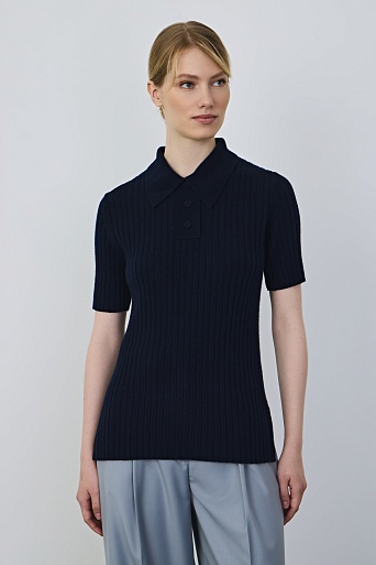 Поло из мериноса в рубчик, темно-синее