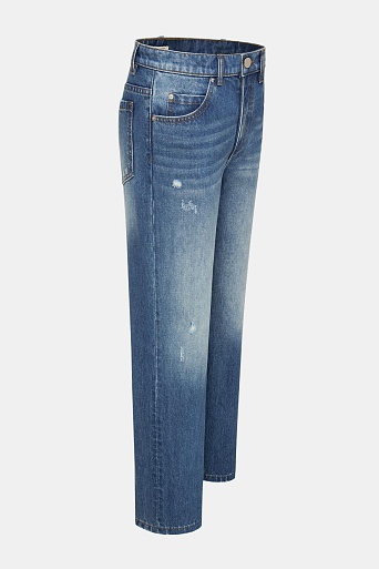 Прямые джинсы с потертостями, голубые