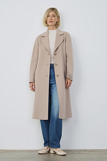 Пальто на пуговицах с поясом, пудровое