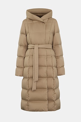 Коричневое пуховое пальто с поясом