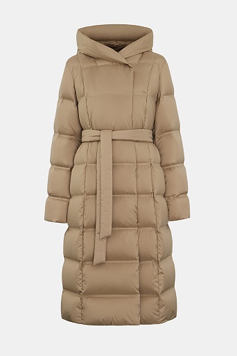 Коричневое пуховое пальто с поясом