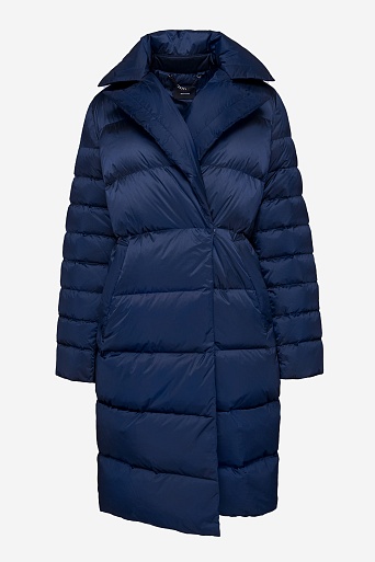 Пуховое пальто-кокон, темно-синее