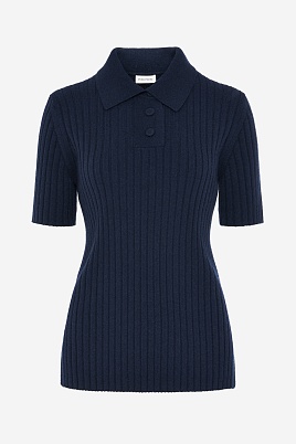 Поло из мериноса в рубчик, темно-синее