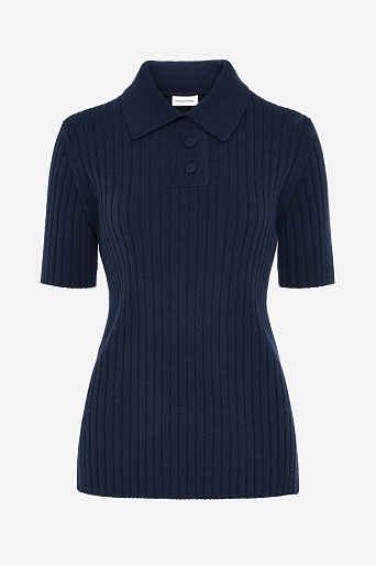 Поло из мериноса в рубчик, темно-синее