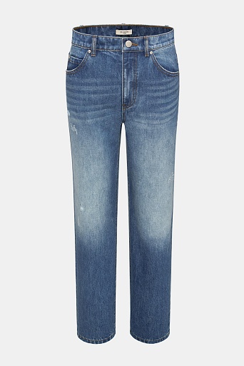 Прямые джинсы с потертостями, голубые