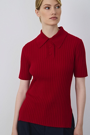 Поло из мериноса в рубчик, красное