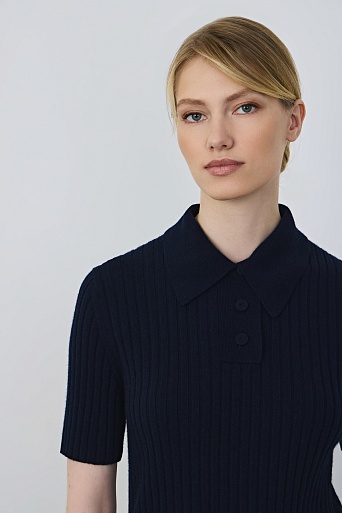 Поло из мериноса в рубчик, темно-синее