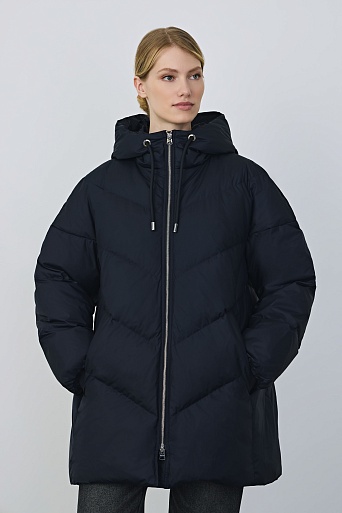 Удлиненный пуховик с капюшоном, темно-синий