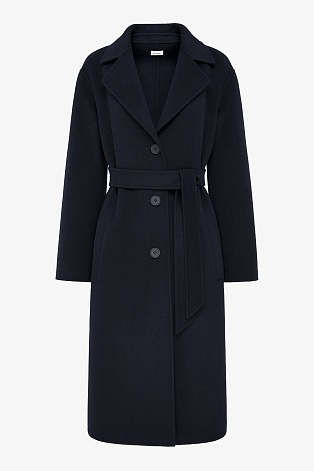 Пальто на пуговицах с поясом, темно-синее