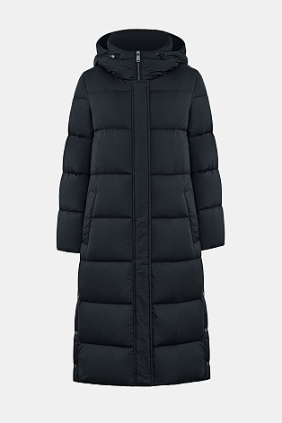 Длинный пуховик с капюшоном, иссиня-черный