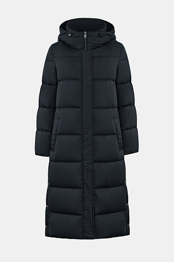 Длинный пуховик с капюшоном, иссиня-черный