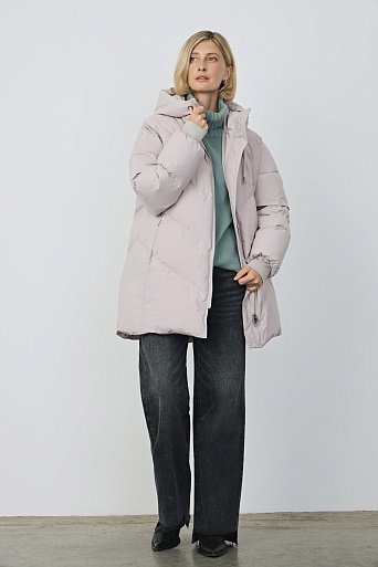 Удлиненный пуховик с капюшоном, пудровый