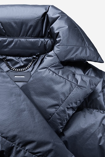 Пуховое пальто-кокон, серо-синее