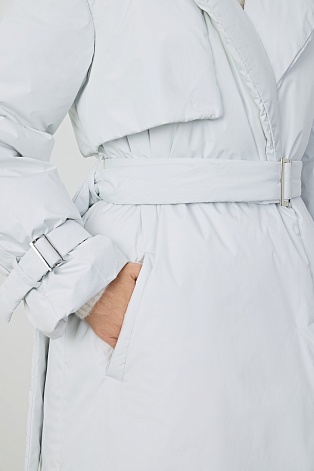 Пуховое пальто-тренч, светло-серое