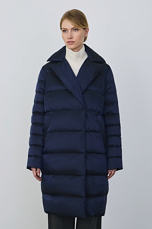 Пуховое пальто-кокон, темно-синее