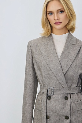 Двубортный жакет на поясе, серо-бежевый меланж