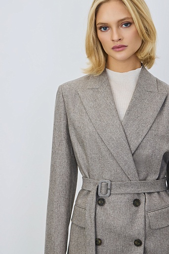 Двубортный жакет на поясе, серо-бежевый меланж
