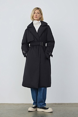 Пуховое пальто с поясом, цвет черный