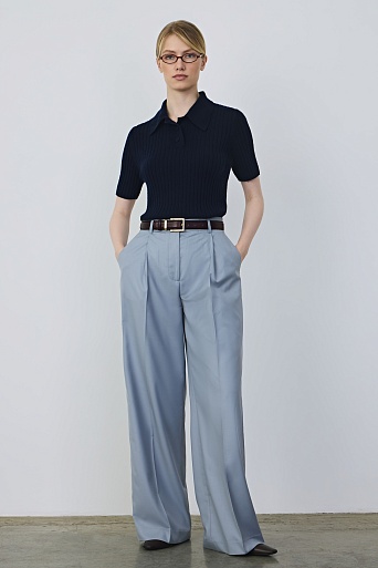 Поло из мериноса в рубчик, темно-синее