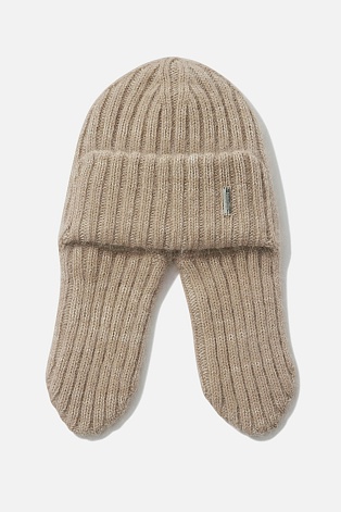 Шапка-ушанка в рубчик с ангорой, бежевая