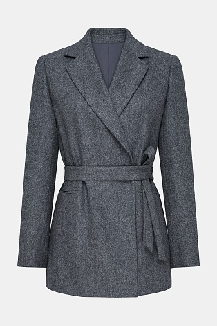 Удлиненный жакет в полоску на поясе, темно-серый