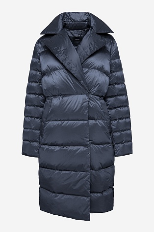 Пуховое пальто-кокон, серо-синее