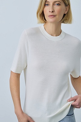 Тонкий джемпер из шерсти с коротким рукавом, молочный