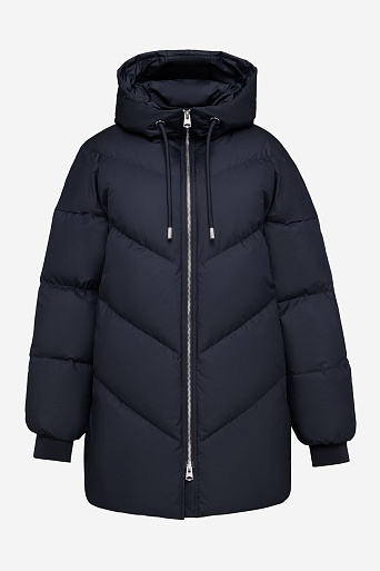 Удлиненный пуховик с капюшоном, темно-синий