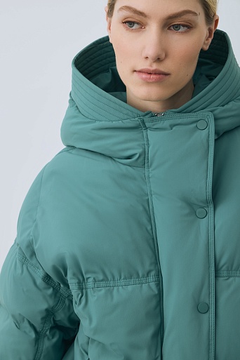 Пуховик-оверсайз с капюшоном, бирюзовый